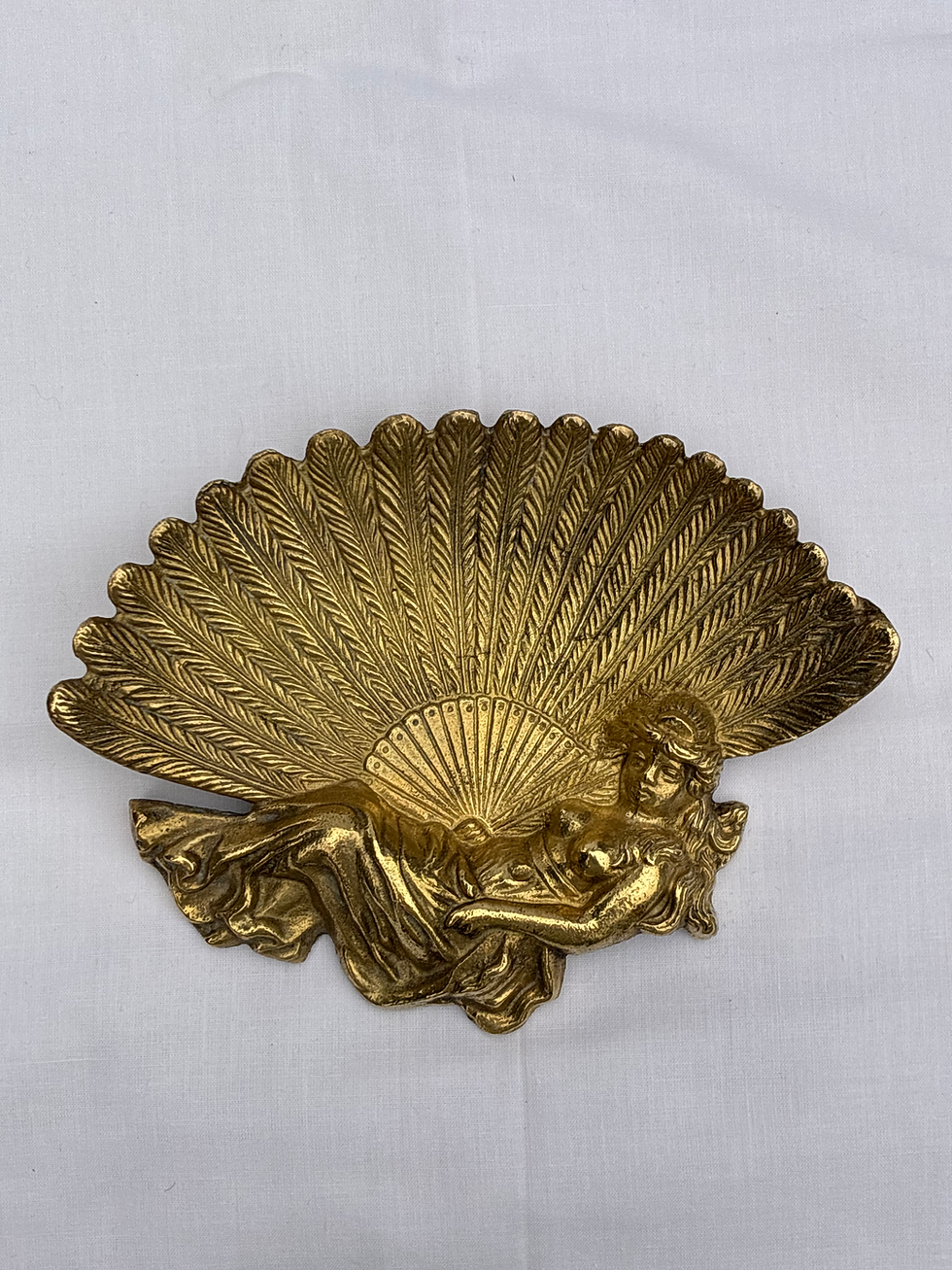 Thumbnail: Art Deco Brass Trinket Dish - Reclining Woman with Ostrich Feather