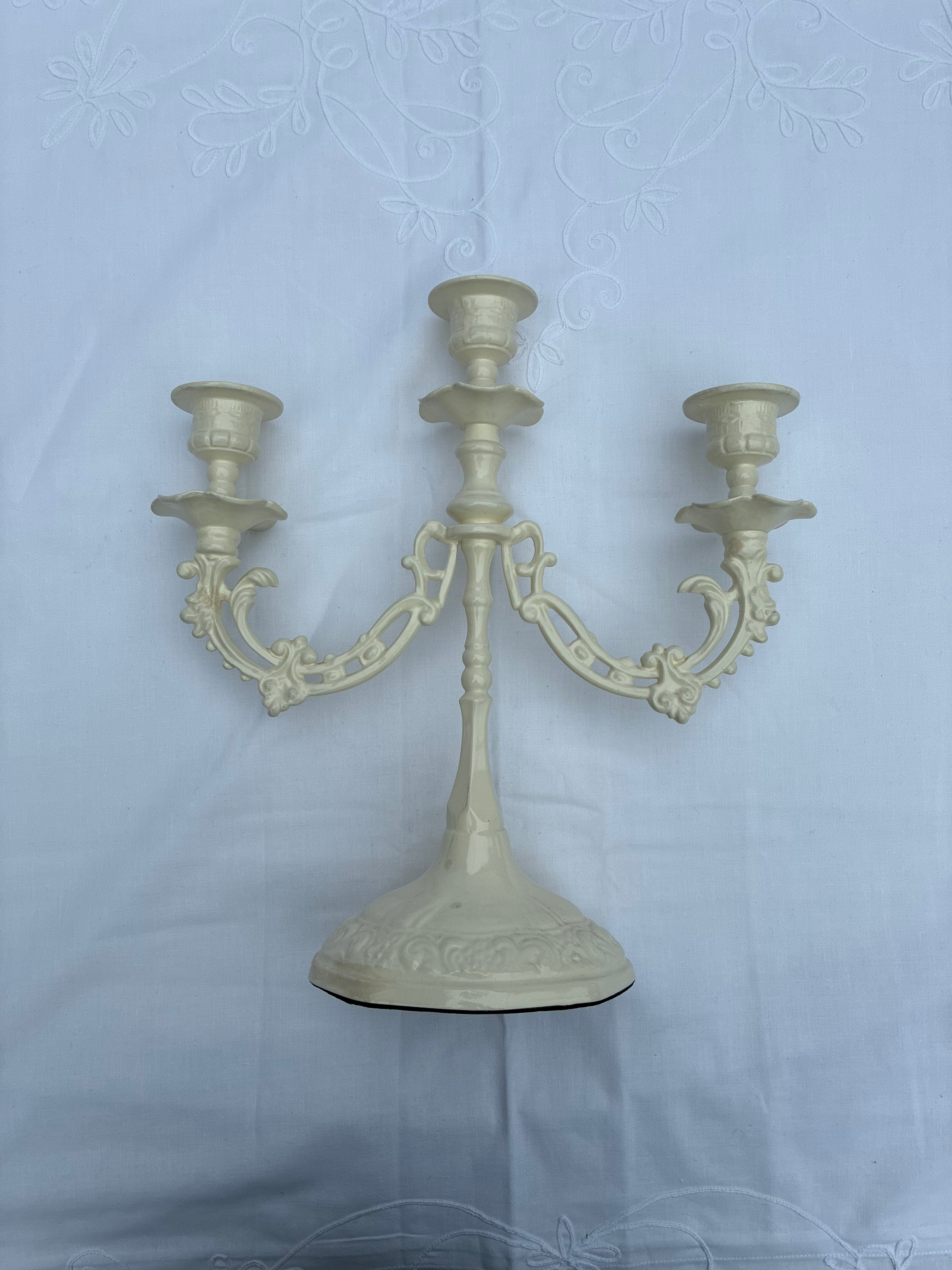 White Enamelled Brass Candelabra - 3-arm French Rococo/Baroque Style