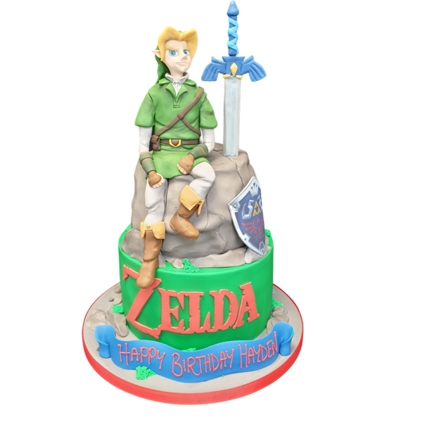 A stunning cake inspired by the iconic character Link from the popular video game series Zelda. Perfect for gamers and fans of the series in UK.