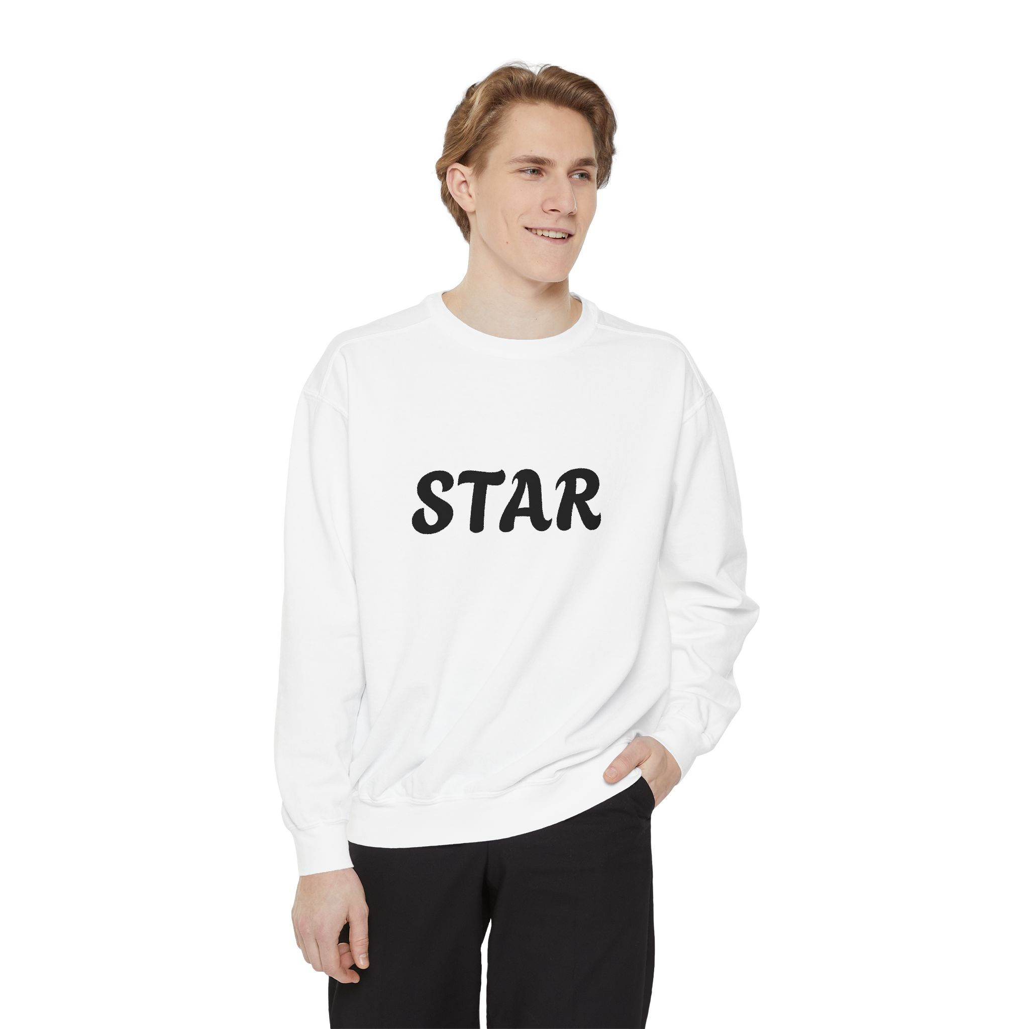 White color unisex adult "STAR" garment dye long sleeve sweatshirt