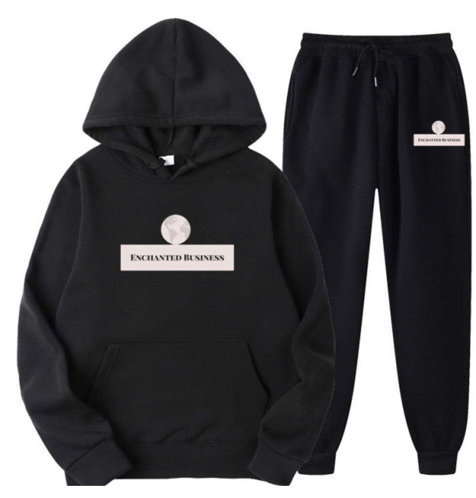 Black color two pieces set unisex hooded sport sweatshirt with "Enchanted Business Brand Logo" for autumn and winter.
