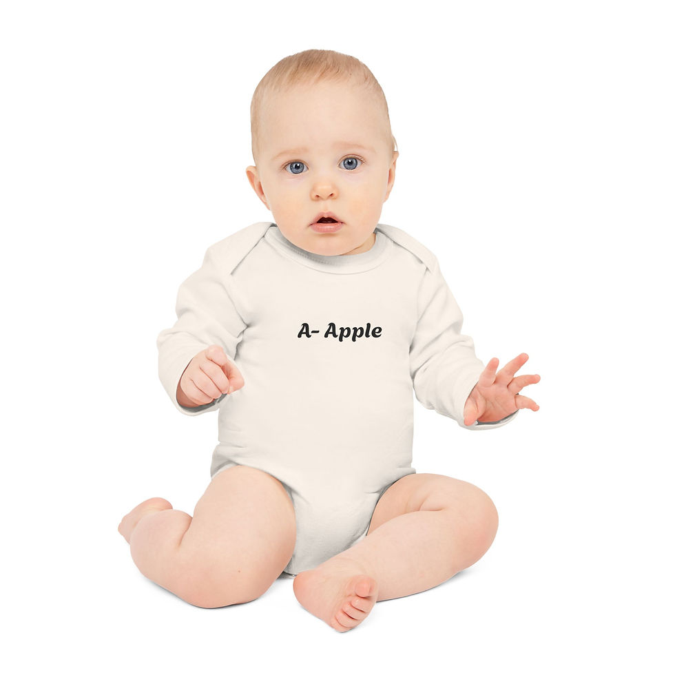 Organic Natural color Baby Bodysuit - Alphabet A for Apple Long Sleeve Organic One Piece "A" Design