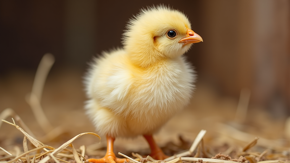 Close-up view of a fluffy yellow chick standing on straw bedding