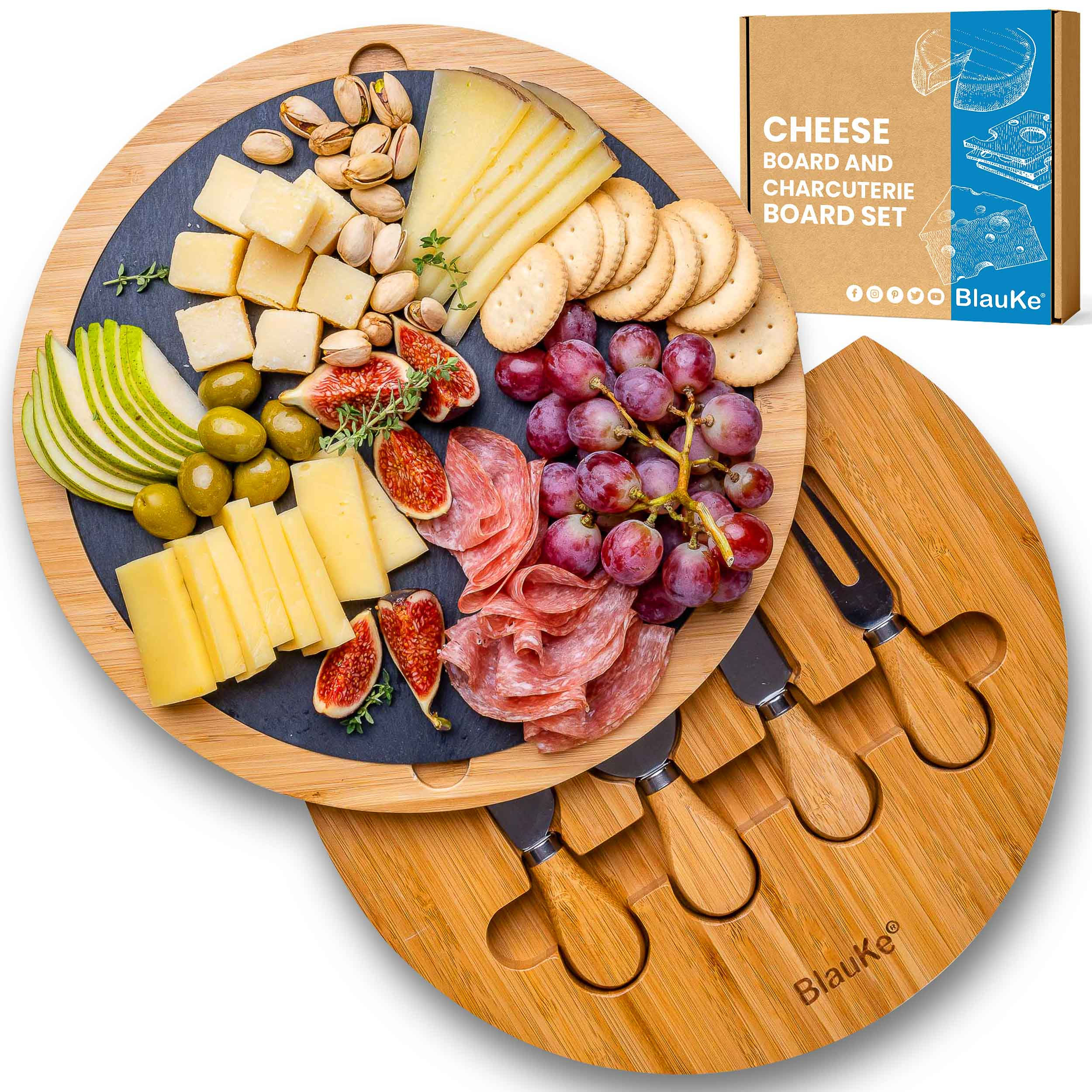 Round Bamboo Cheese Board With Knife Set and Removable Slate - 12 Inch Swiveling
