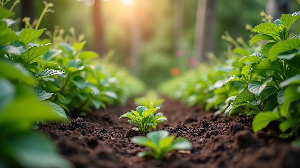 Eye-level view of a garden bed with diverse organic plants