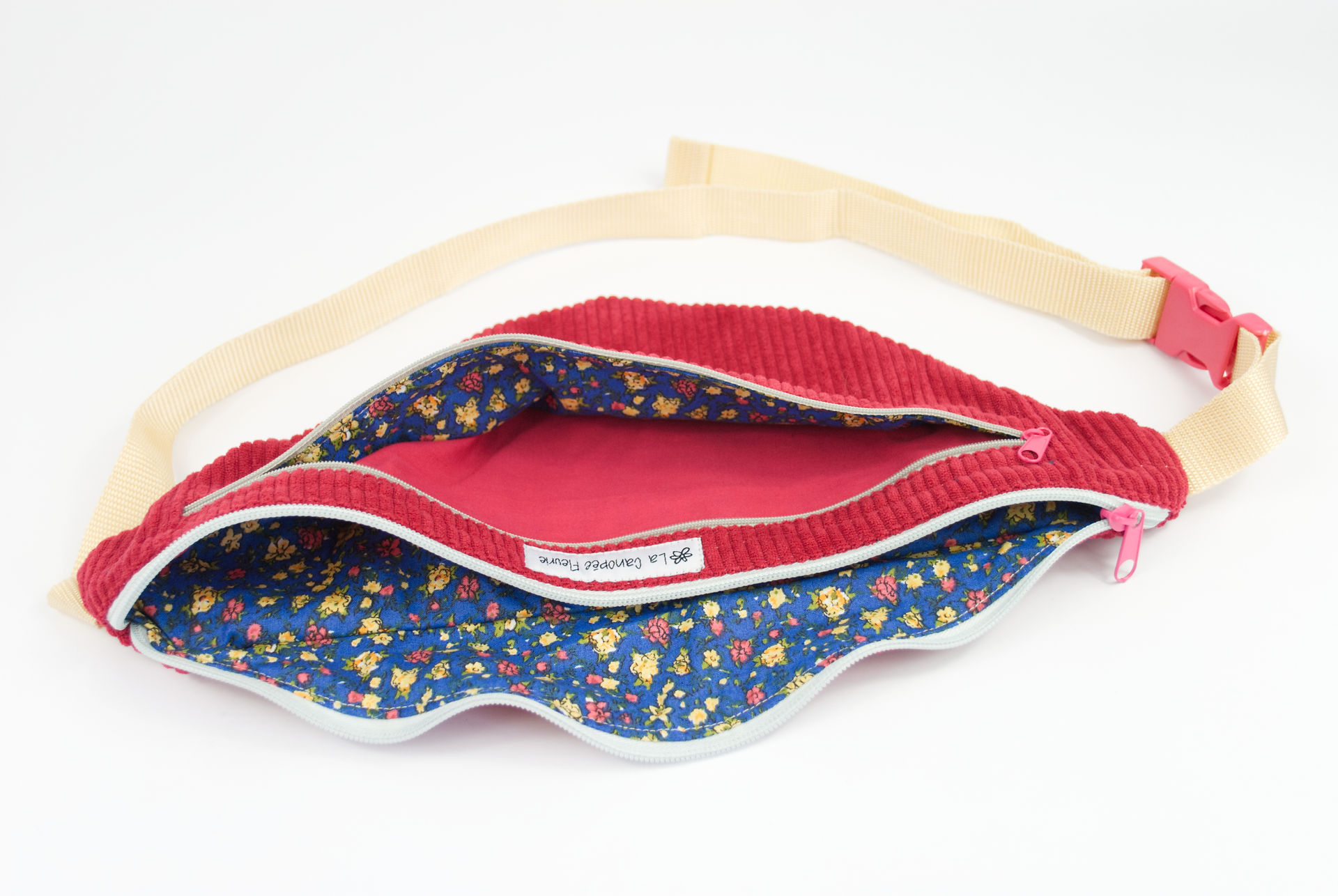 sac banane rose velours côtelé intérieur fleurs artisanal