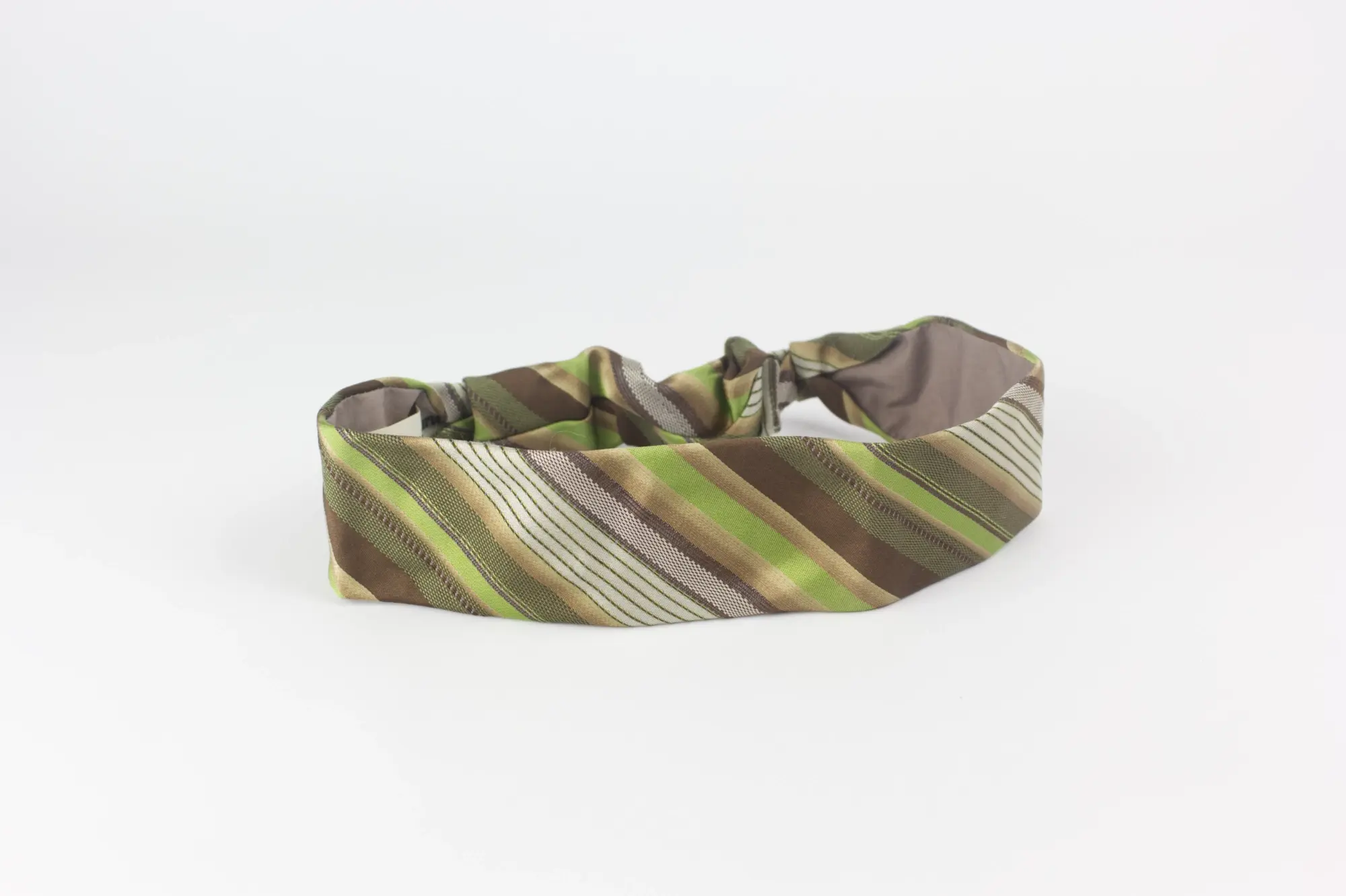 Bandeau en cravate upcyclée artisanal vert marron rayure
