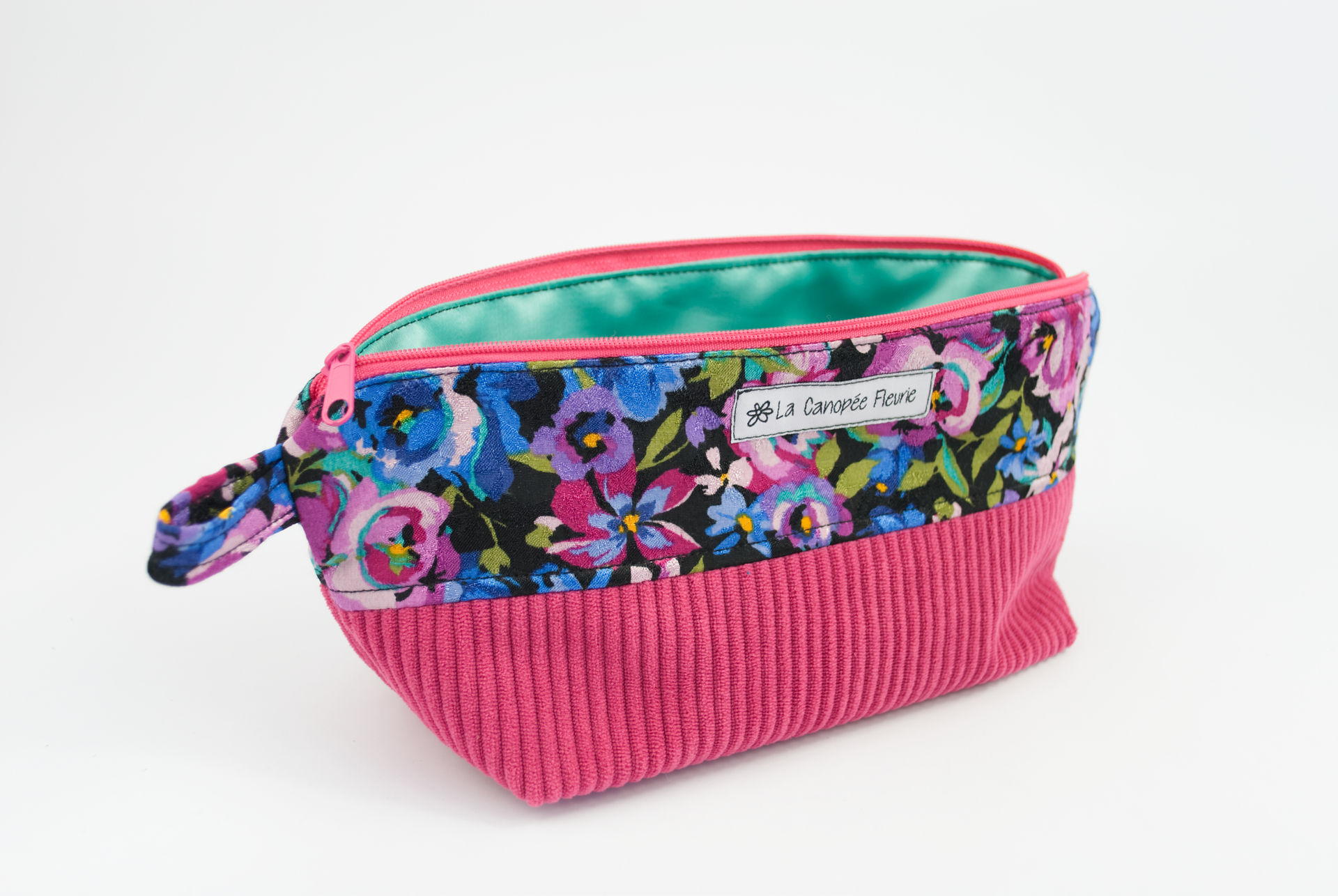trousse toilette artisanale velours côtelé rose fleurs