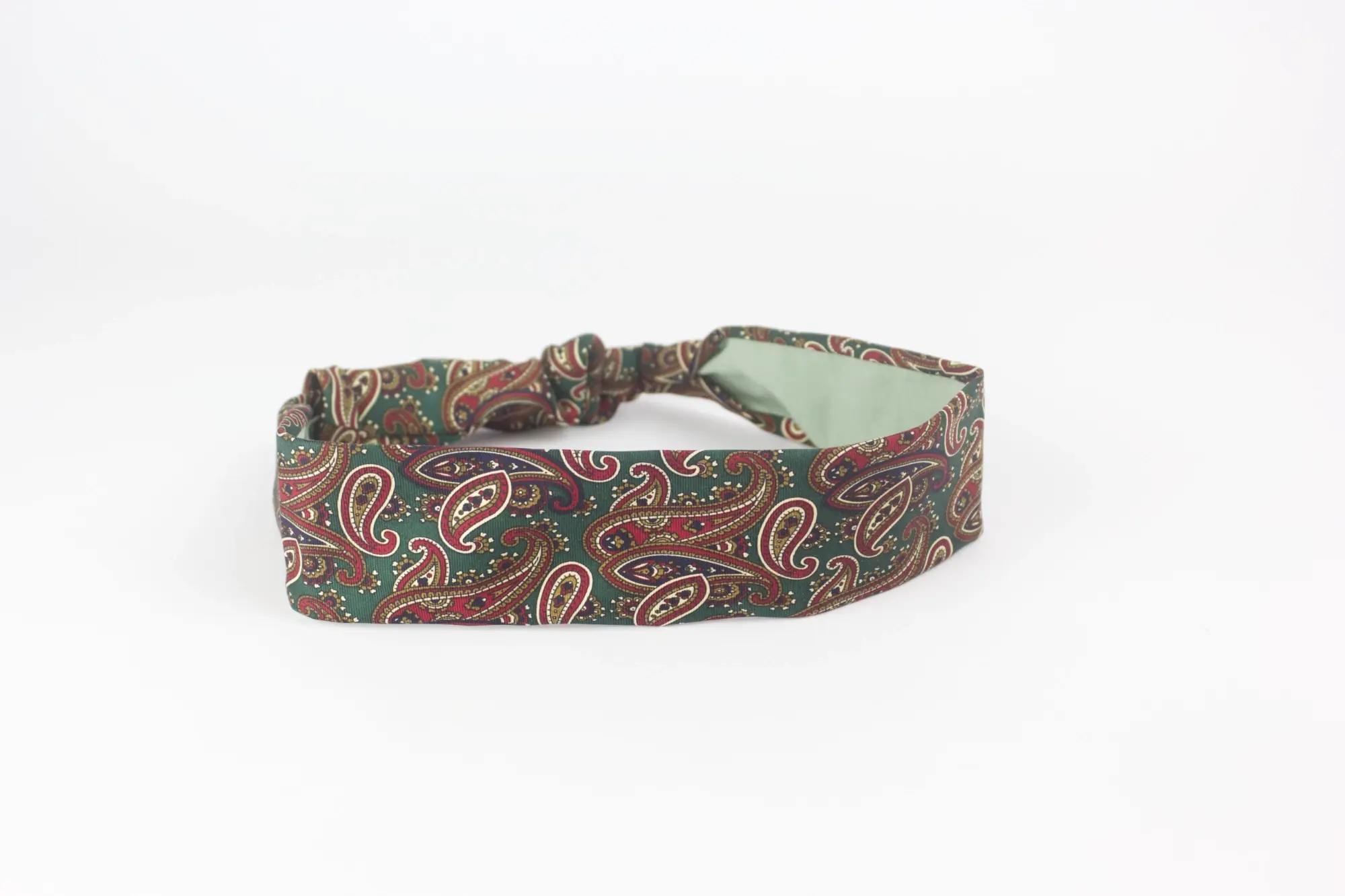 Bandeau en cravate upcyclée artisanal cachemire vert rouge