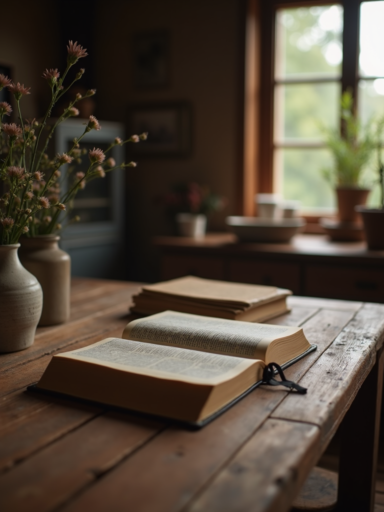 A peaceful setting with a Bible and leather-bound journals on a weathered homestead table.