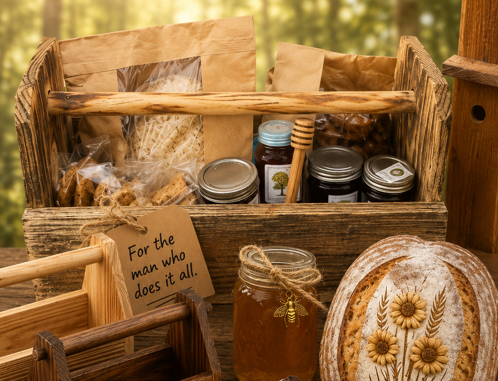 A beautiful handcrafted wooden toolbox overflowing with jars of jam and wrapped bakery treats.