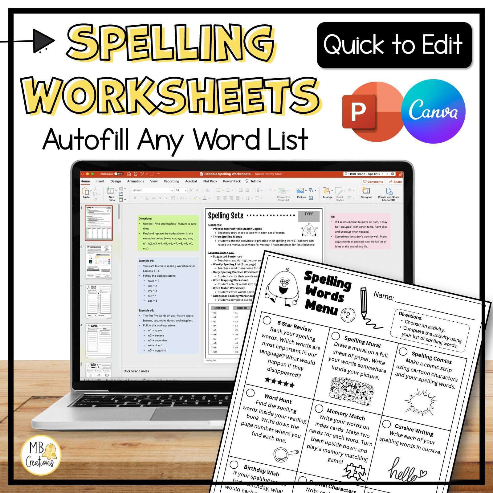 Editable Spelling Word Worksheets Canva & PowerPoint Spelling Templates Autofill
