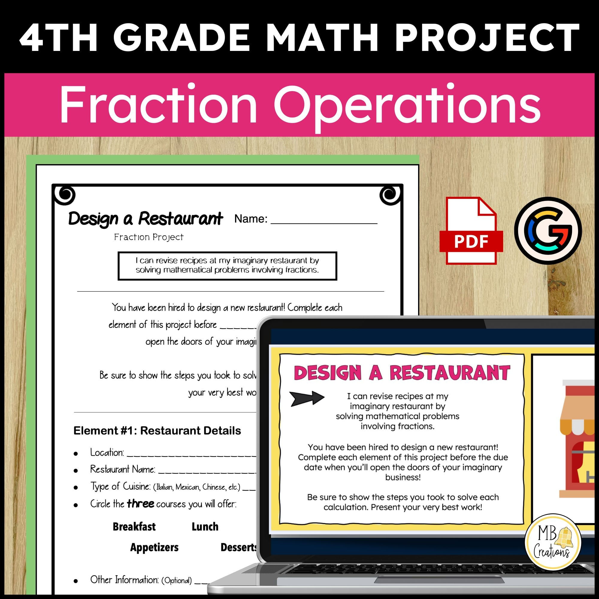 4th Grade Add, Subtract, Multiply Fractions Math Project Restaurant Theme GATE