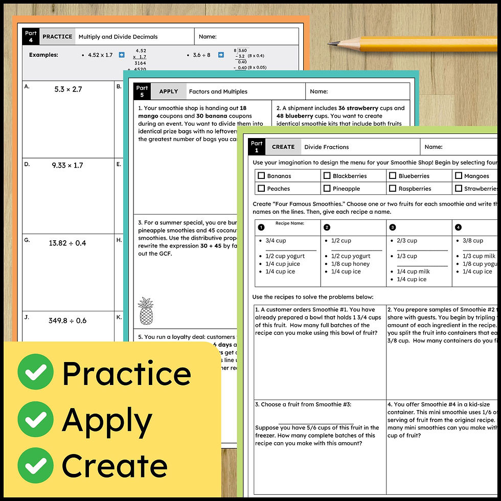 Dividing Fractions Project GCF & LCM Worksheets End of Year 6th Grade Math Gifted and Talented Design a Smoothie Shop