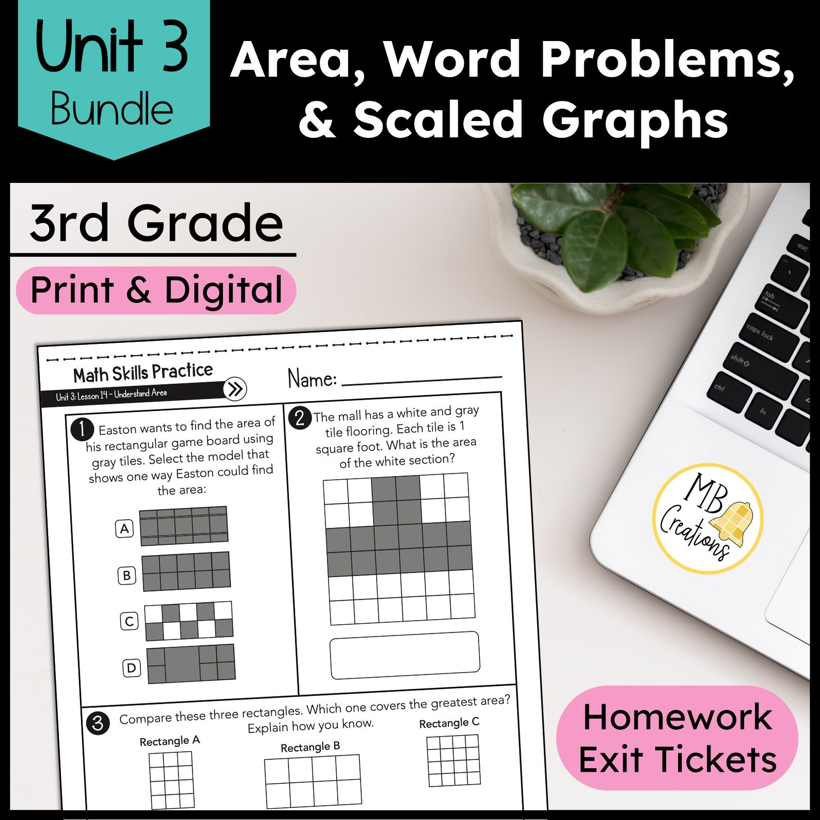 Area, Word Problems, Scaled Graphs Practice -iReady Math 3rd Grade Unit 3 Bundle