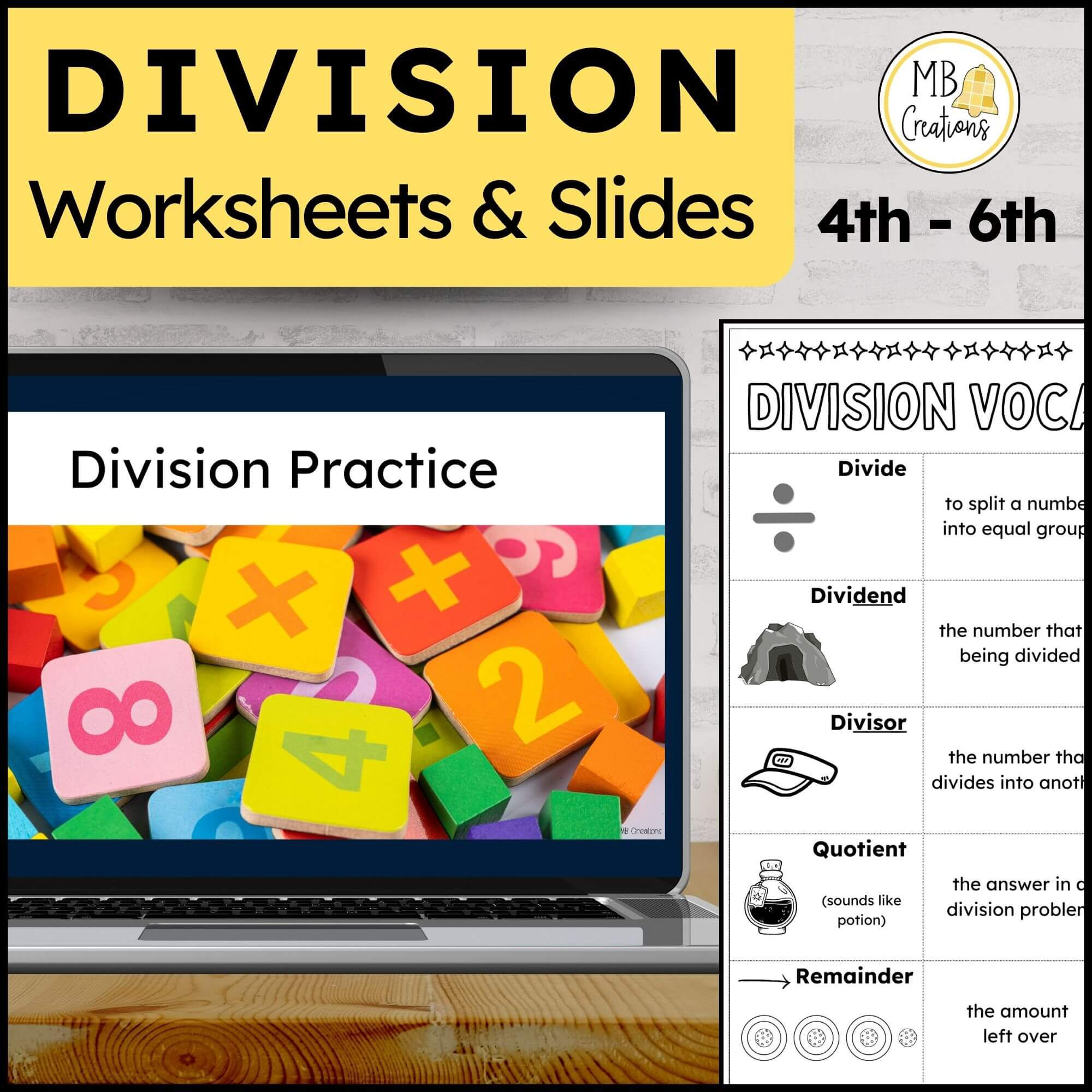 Long Division Worksheets Grade 4, 5, 6 Area Model Partial Quotient Google Slides