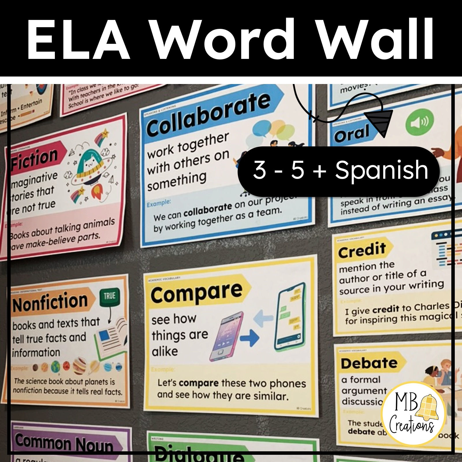 3rd, 4th, and 5th Grade ELA Vocabulary Word Wall in English and Spanish - Reading & Writing Anchor Charts