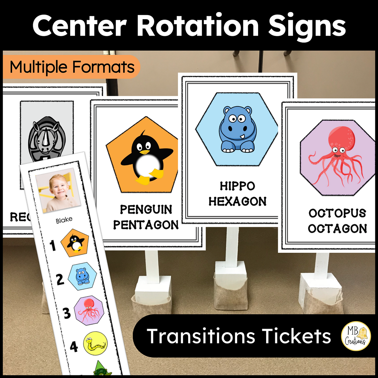center rotation signs and transition tickets for preschool