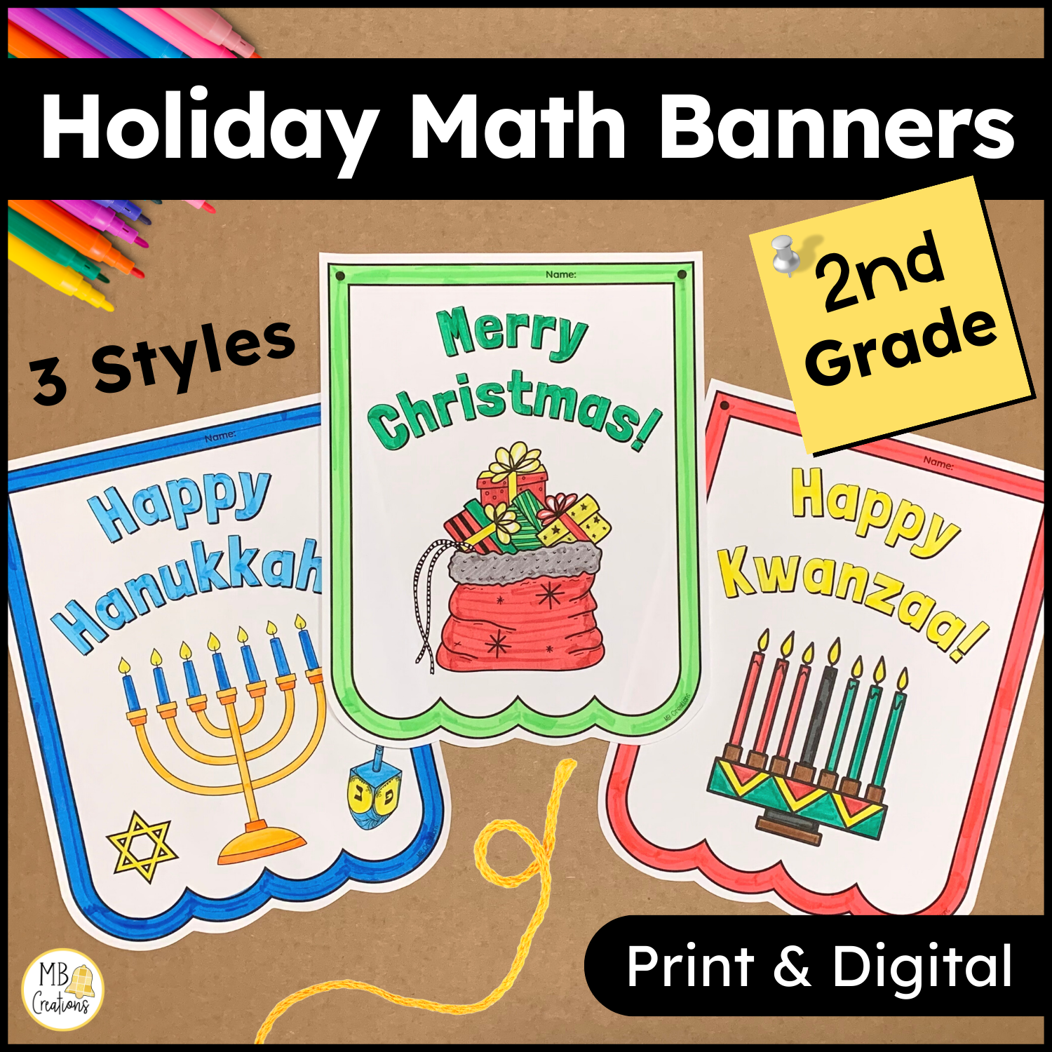 2nd Grade Christmas, Hanukkah, Kwanzaa December Math Activities - Holiday Banner