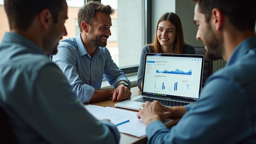 High angle view of a team reviewing a CRM dashboard on a laptop