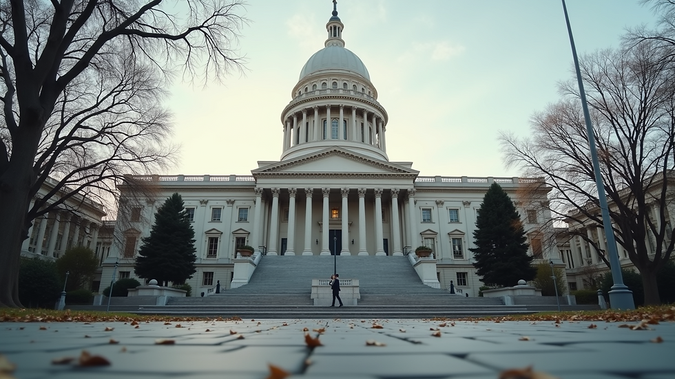 Eye-level view of a government building symbolizing compliance and regulations
