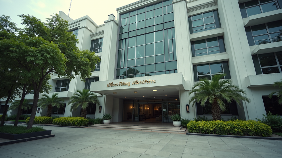 Eye-level view of a Thai government office building with official signage