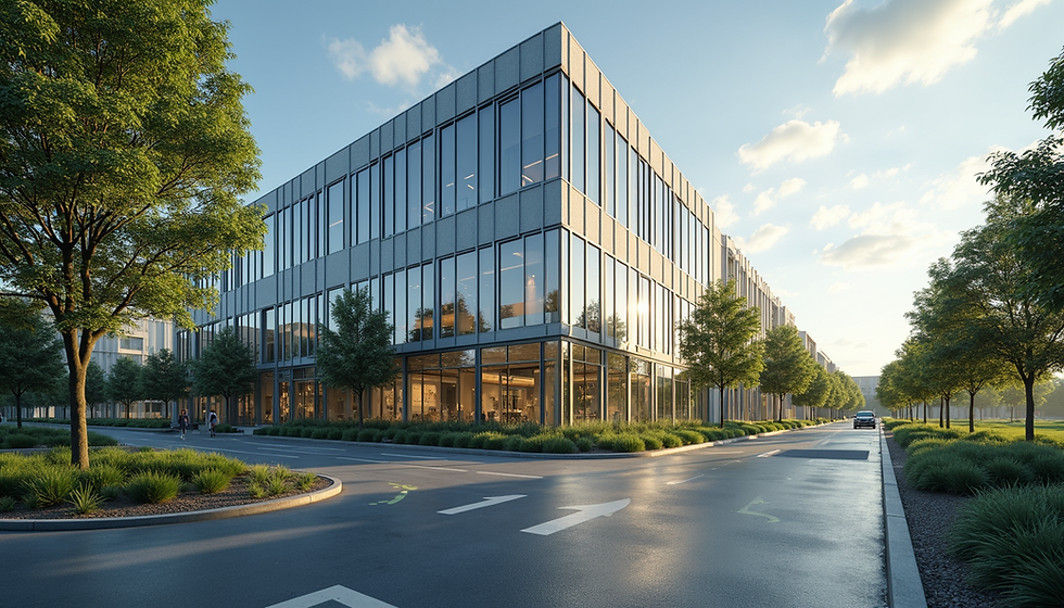 A modern green-certified office building with sustainable design and wellness-focused amenities