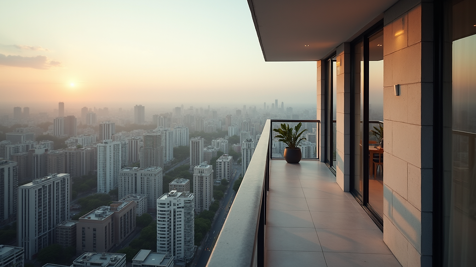 High angle view of a modern apartment balcony overlooking a cityscape popular with digital nomads