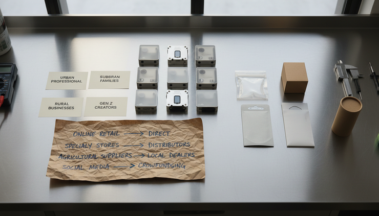 Overhead view of prototype products organized with neutral buyer segment cards.