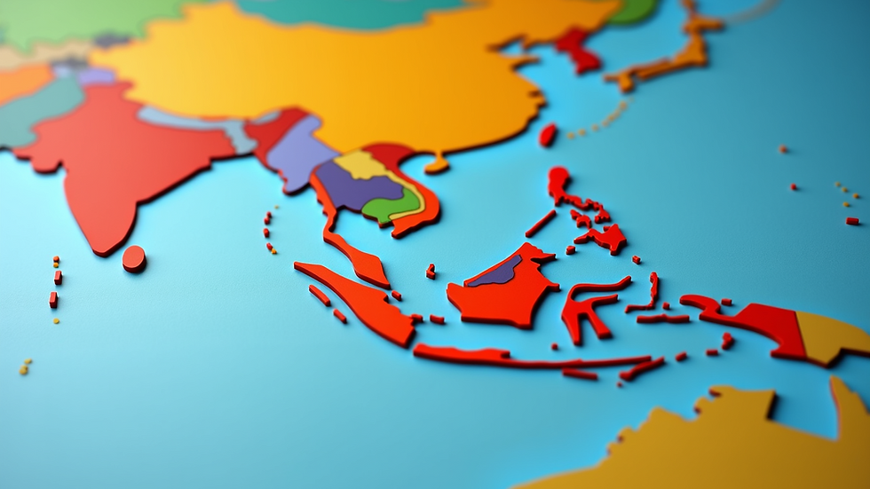Close-up view of ASEAN region map with highlighted countries