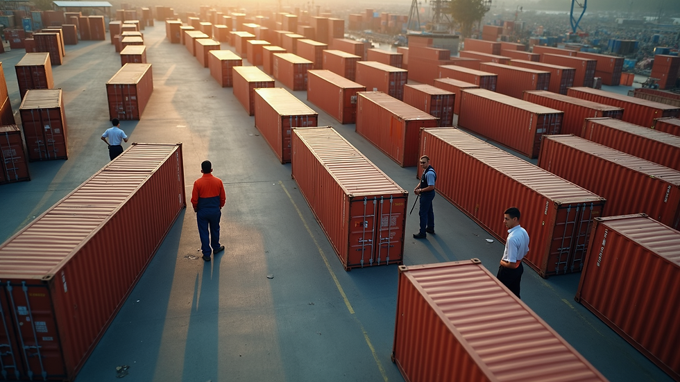 High angle view of workers inspecting shipment containers