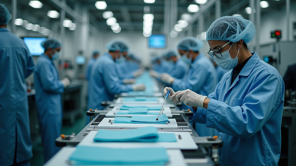 High angle view of a production line with quality control checks