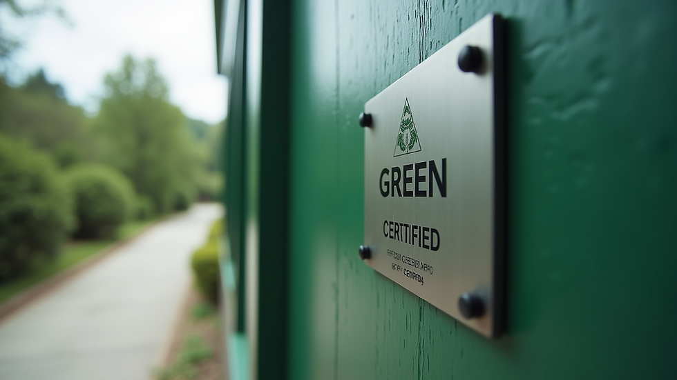 Eye-level view of a certification plaque on a green building
