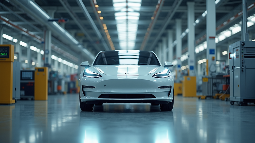 Eye-level view of a modern electric vehicle manufacturing facility