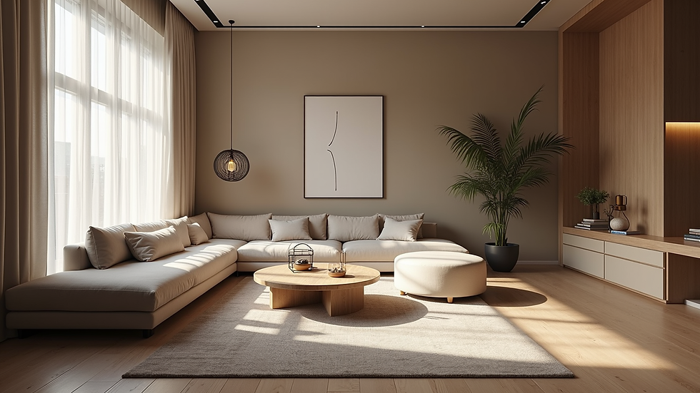 High-angle view of a compact living space with smart furniture