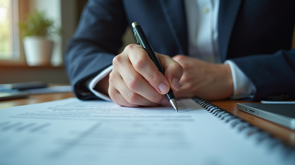 Close-up view of a compliance officer reviewing documents
