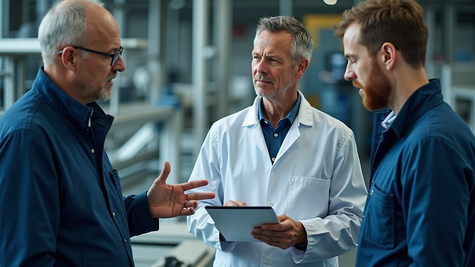 High angle view of consultant reviewing product readiness checklist with European manufacturing team