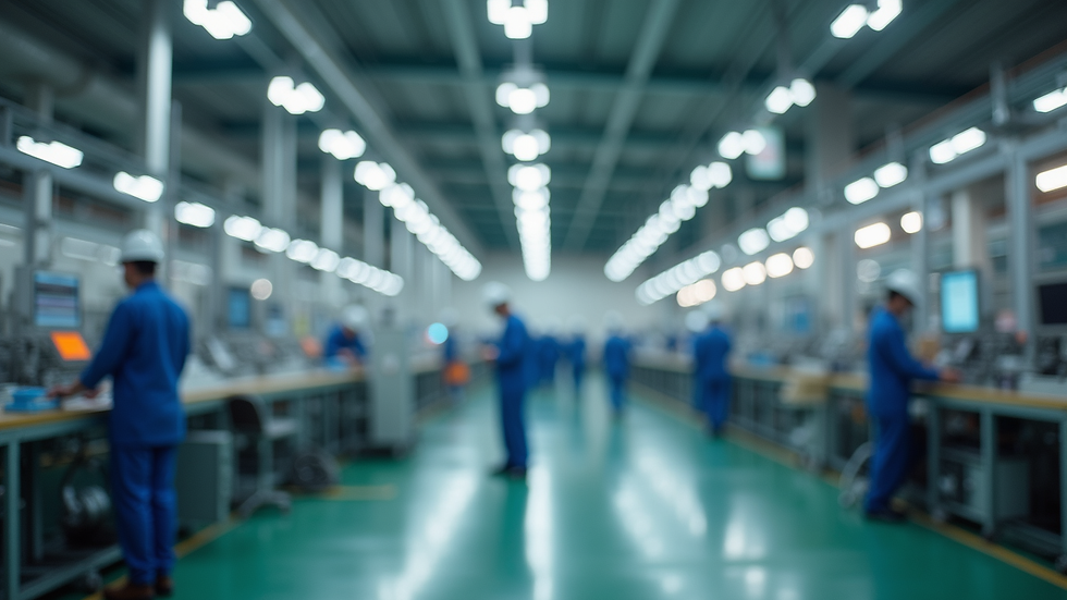 Eye-level view of a factory floor showing production lines and quality inspectors