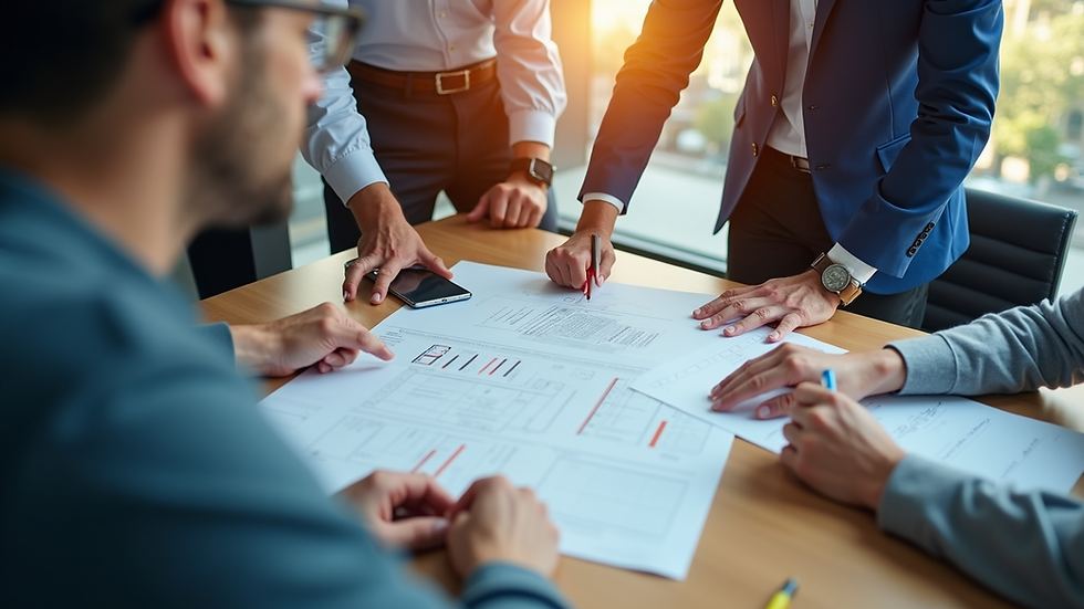 High angle view of a project team reviewing construction contracts