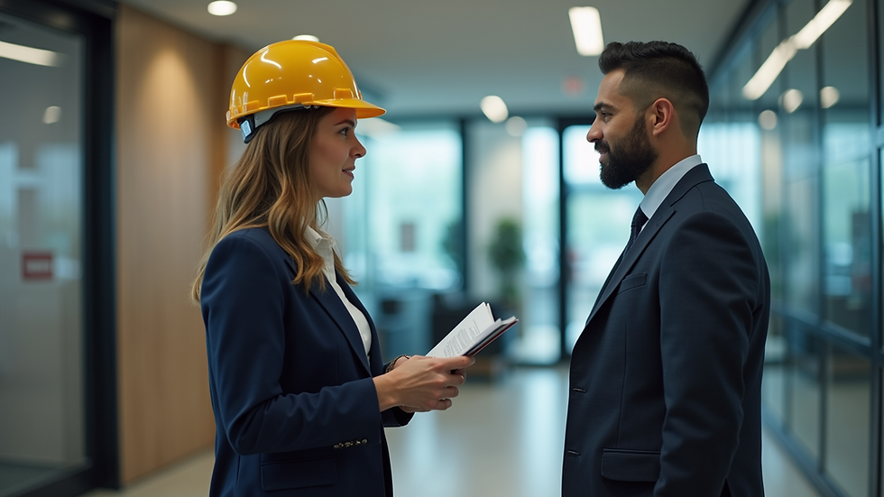Eye-level view of a bank branch with a financial consultant advising a contractor