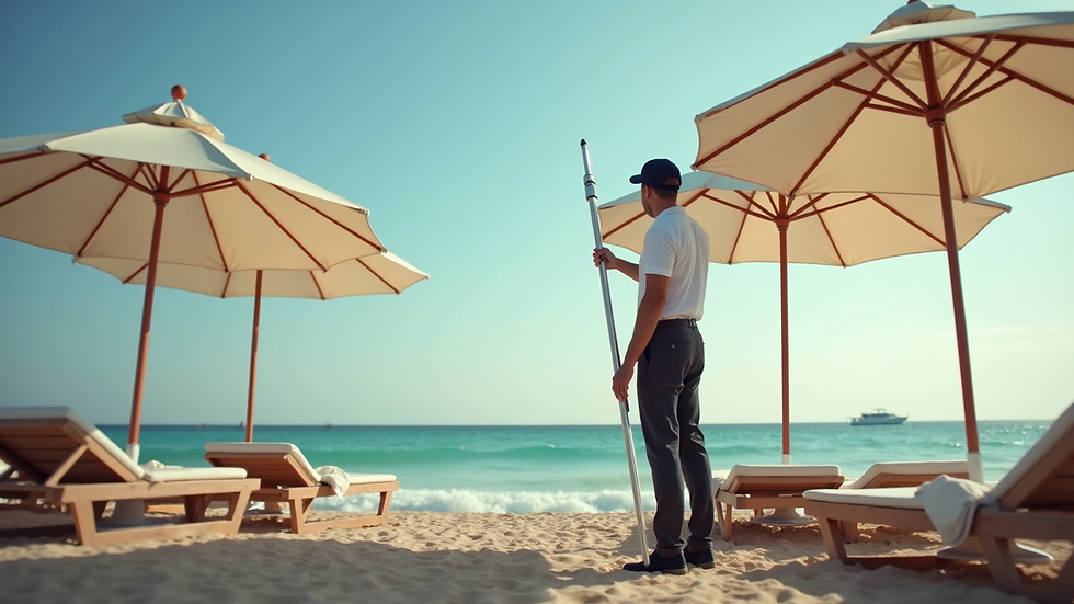 Close-up view of a hotel staff member setting up beach umbrellas with stabilisers