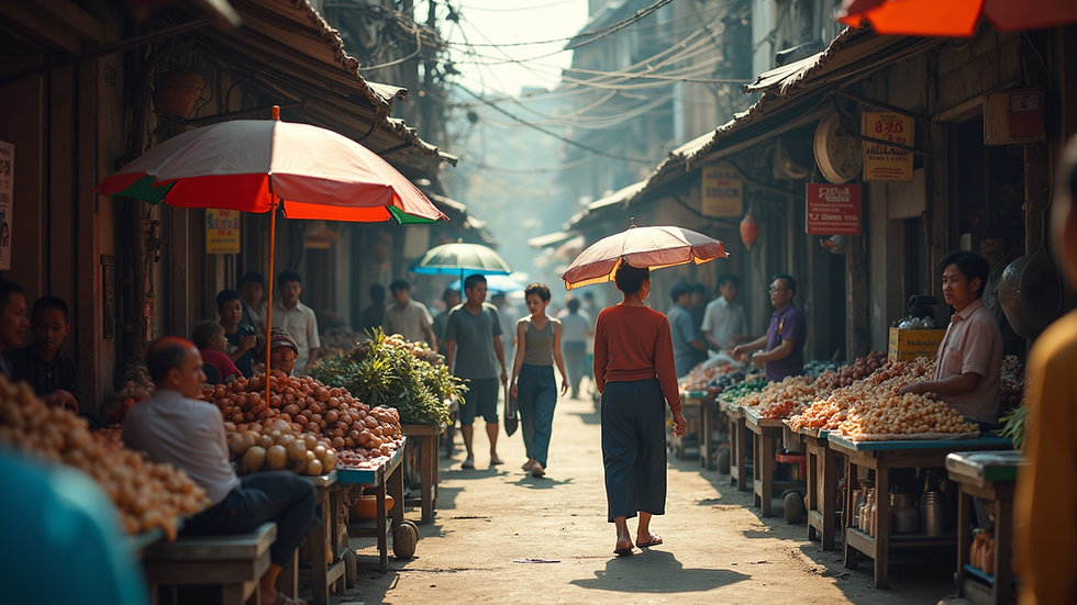 Eye-level view of a busy Vietnamese street market with local vendors and customers