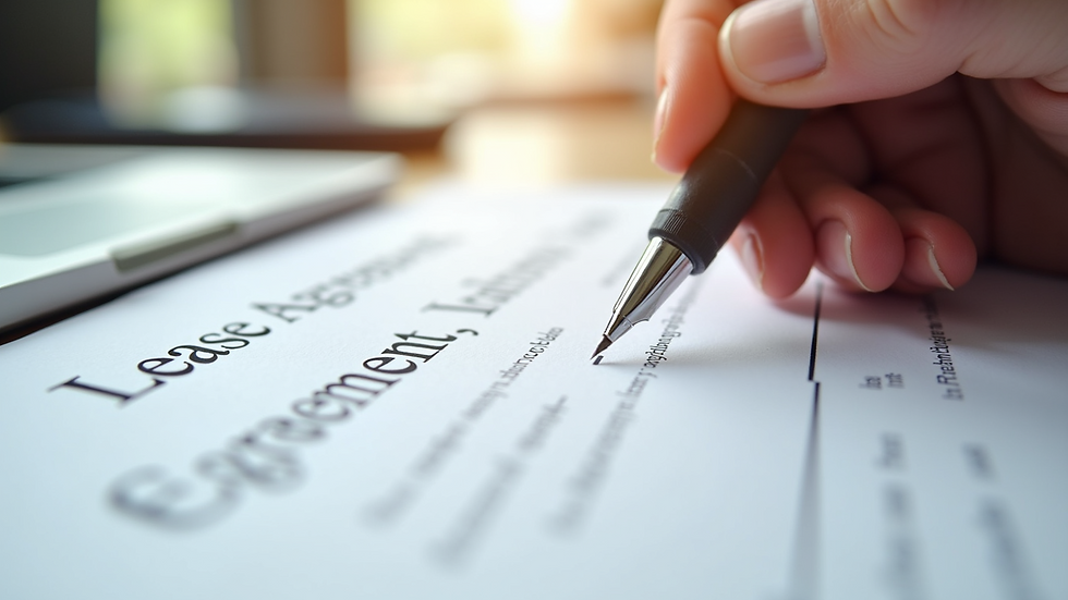 Close-up view of a lease agreement document with a pen ready for signature