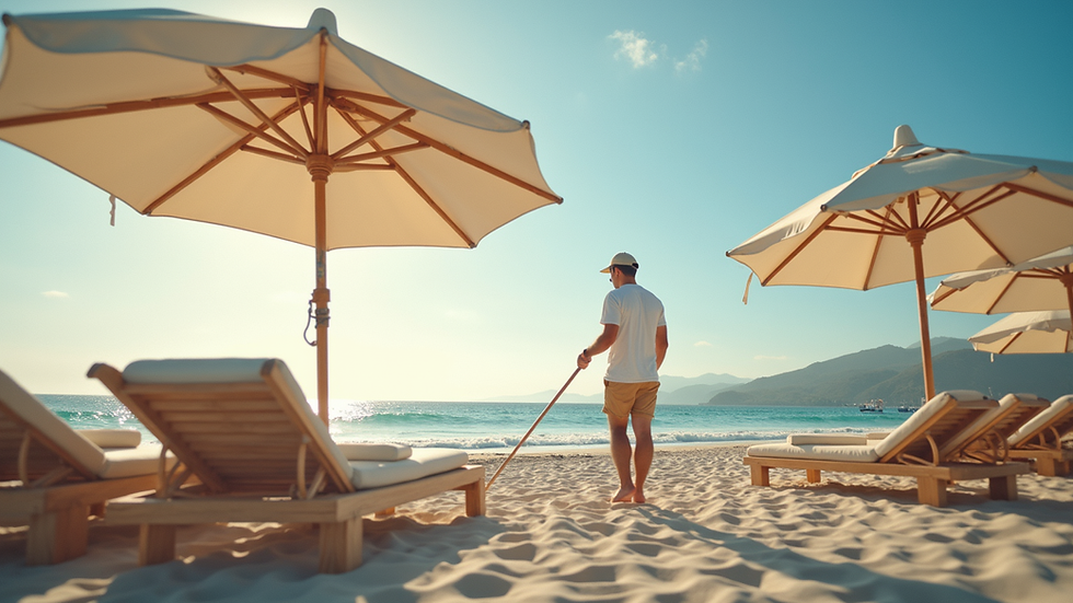 Eye-level view of a beach club staff setting up umbrellas for guest use
