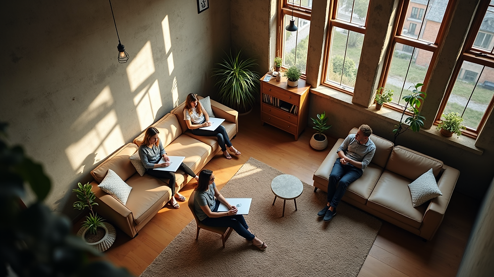 High angle view of a group of digital nomads collaborating in a shared living space