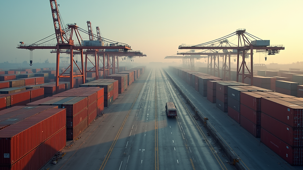 High angle view of a shipping container yard with cranes and cargo