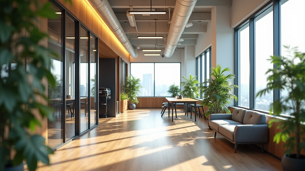 Wide angle view of a sustainable office interior