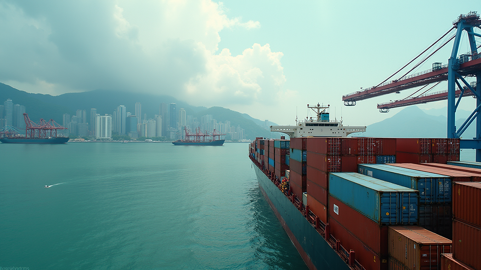 Eye-level view of Hong Kong harbour with shipping containers and cranes