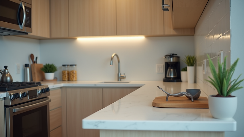 Close-up view of a condo kitchen with modern appliances