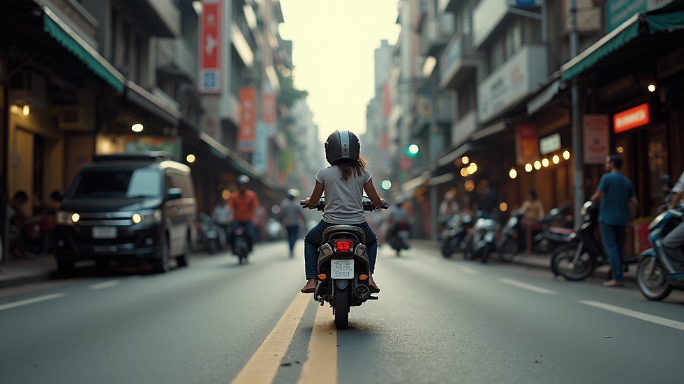 Eye level view of bustling city street in Thailand
